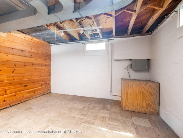 basement with concrete block wall and electric panel