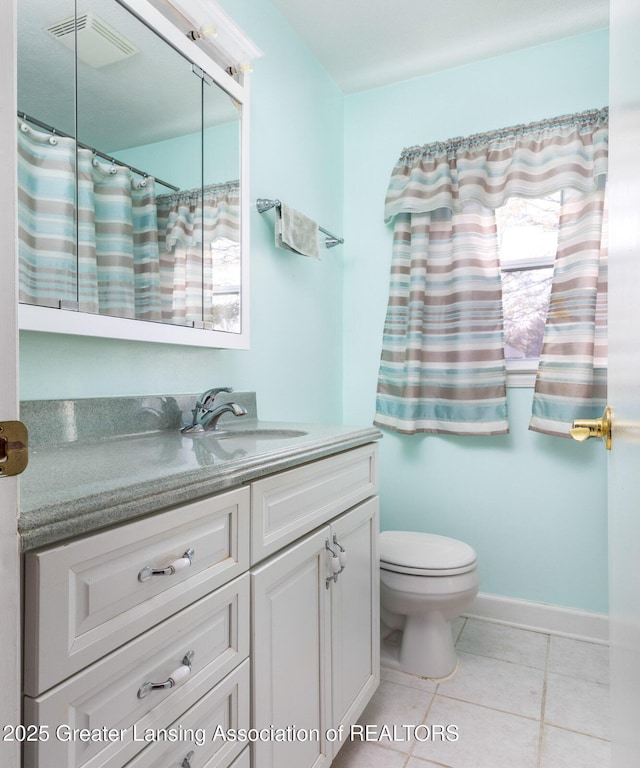 full bath featuring toilet, tile patterned floors, visible vents, and vanity