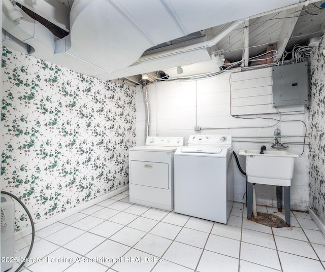 laundry area featuring separate washer and dryer, laundry area, wallpapered walls, and electric panel