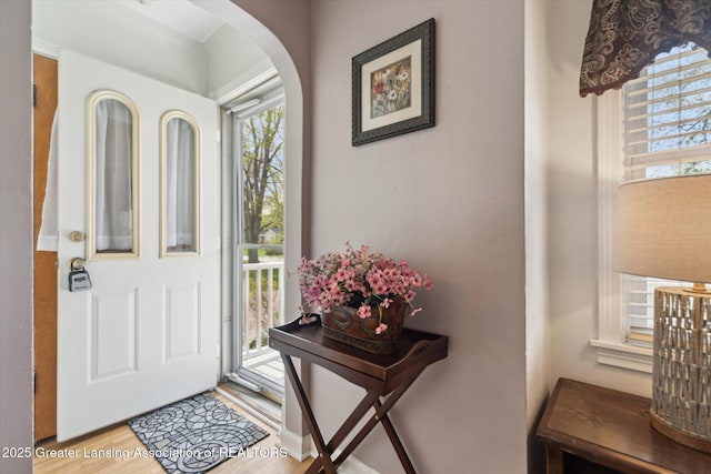foyer featuring plenty of natural light, arched walkways, and wood finished floors
