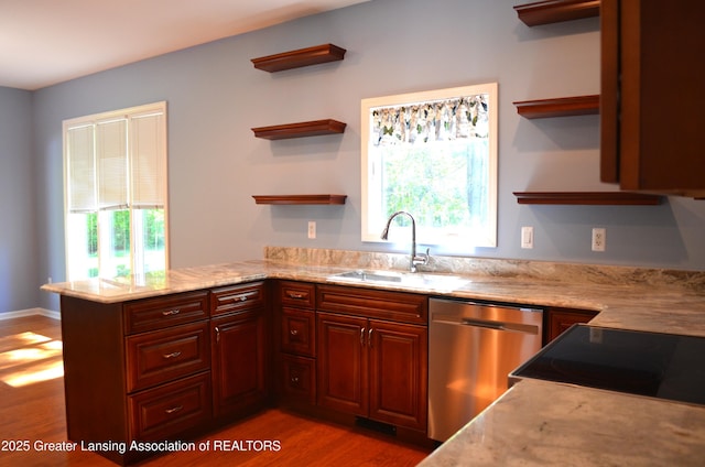 3401 N Burwick Dr, Port Huron, MI 48060 - kitchen featuring open shelves, a sink, stainless steel appliances, and light wood-type flooring