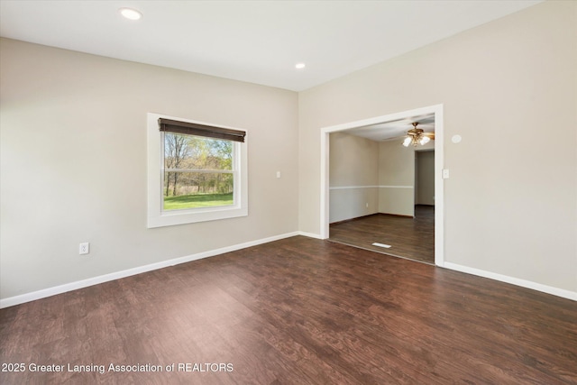 unfurnished room with baseboards, a ceiling fan, wood finished floors, and recessed lighting