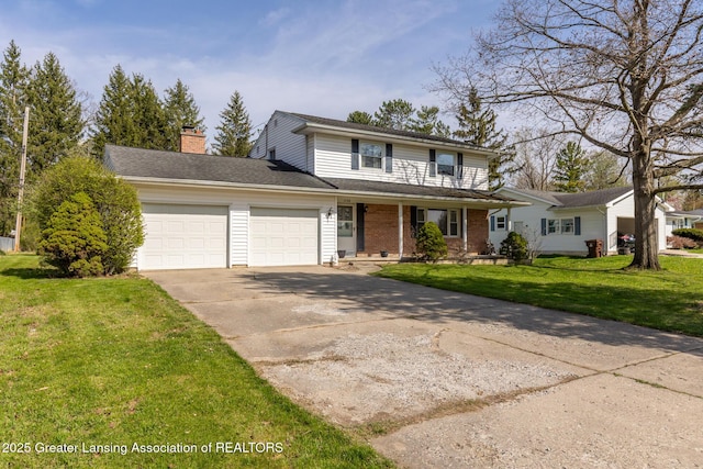 traditional home with covered porch, driveway, a chimney, a garage, and a front lawn