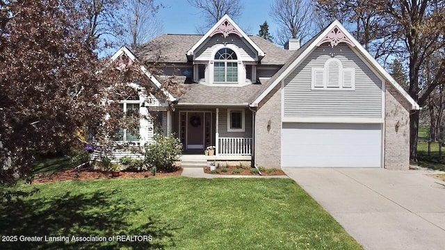 view of front of house featuring a front lawn, brick siding, a garage, covered porch, and driveway