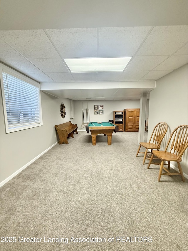rec room featuring carpet flooring, pool table, baseboards, and a paneled ceiling