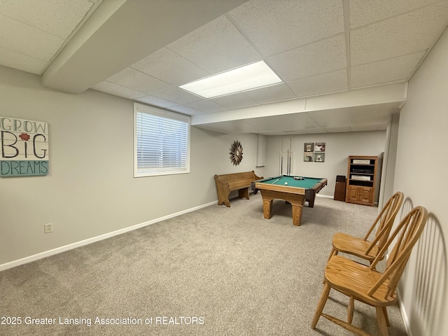 playroom with carpet floors, pool table, and a drop ceiling