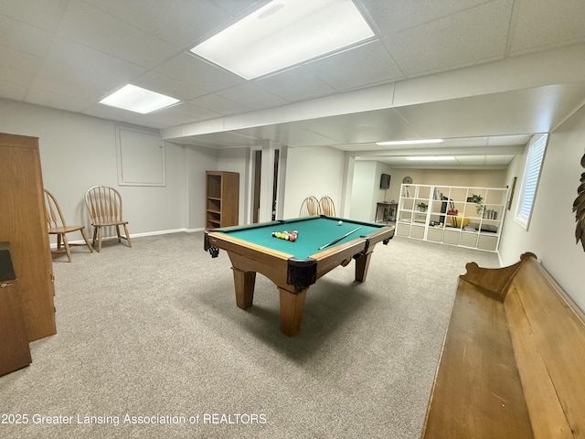 playroom featuring carpet flooring, baseboards, billiards, and a paneled ceiling