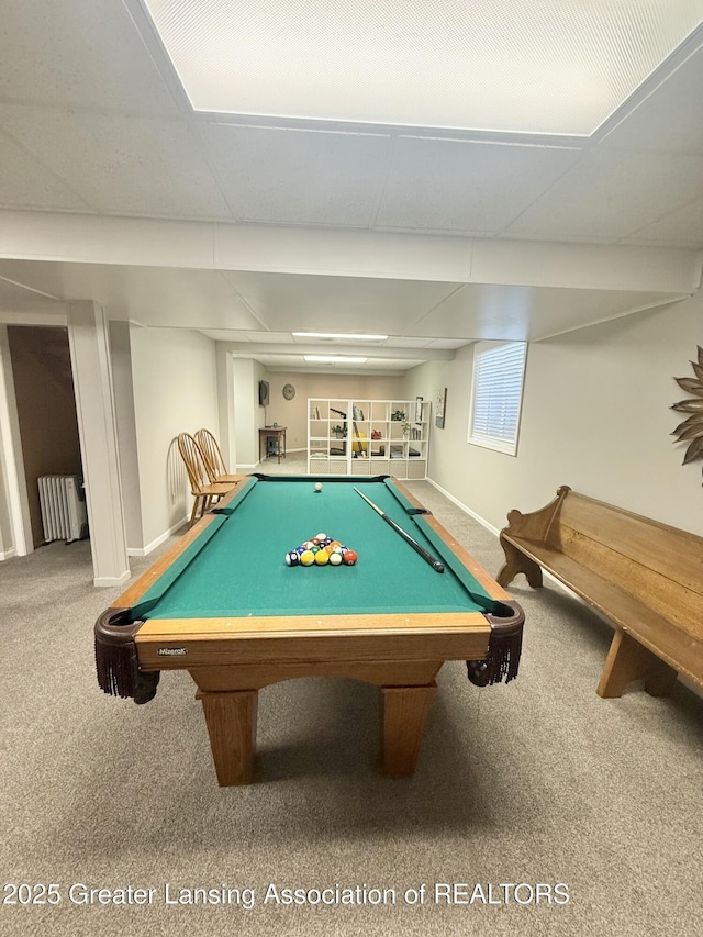 playroom featuring carpet floors, baseboards, pool table, and radiator
