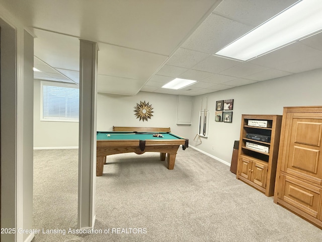 rec room featuring carpet floors, pool table, baseboards, and a paneled ceiling