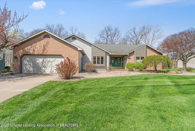 ranch-style home with a garage, concrete driveway, a front yard, and brick siding