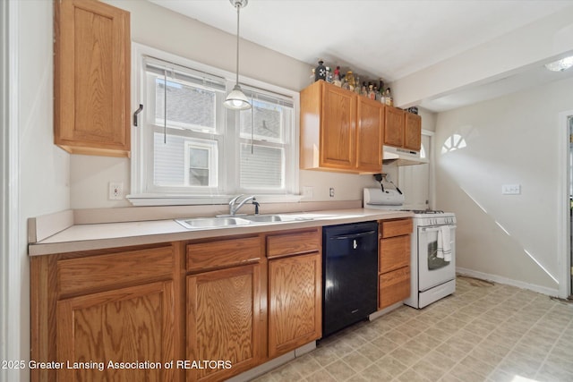 kitchen featuring light floors, white range with gas cooktop, under cabinet range hood, a sink, and dishwasher