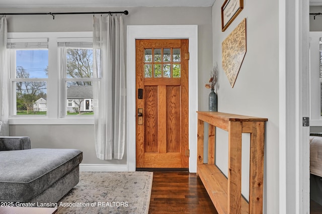 foyer entrance featuring baseboards and dark wood-style flooring