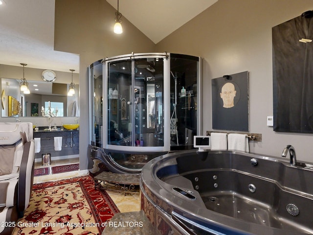 bathroom featuring a jetted tub, vaulted ceiling, and a shower stall