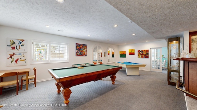 game room featuring carpet floors, baseboards, recessed lighting, a textured ceiling, and billiards