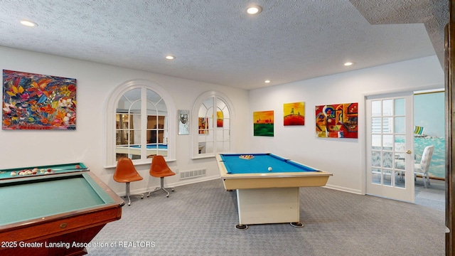 playroom featuring carpet floors, recessed lighting, pool table, and visible vents