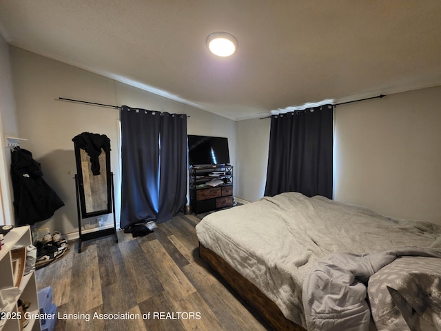 9304-9306 Parkhurst Hwy, Addison, MI 49220 - bedroom with ornamental molding, lofted ceiling, and dark wood-type flooring