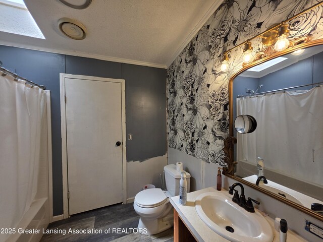 9304-9306 Parkhurst Hwy, Addison, MI 49220 - full bathroom with vanity, wood finished floors, toilet, a shower with shower curtain, and a textured ceiling