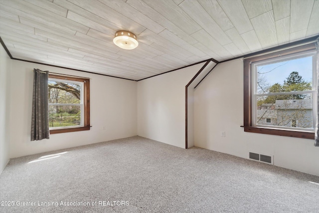 bonus room with visible vents, wooden ceiling, and carpet