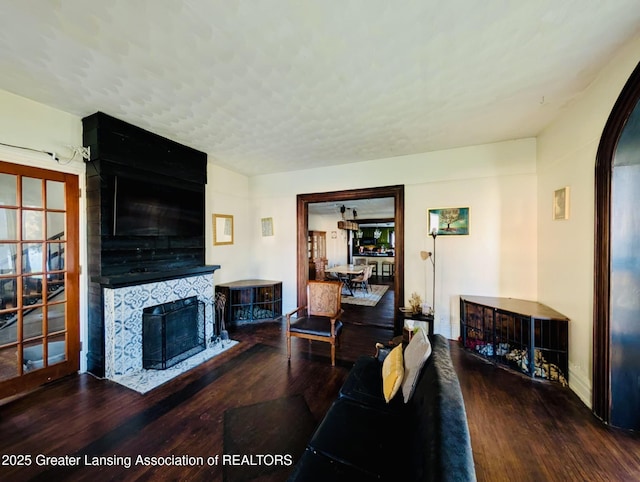 living area with a fireplace and wood finished floors