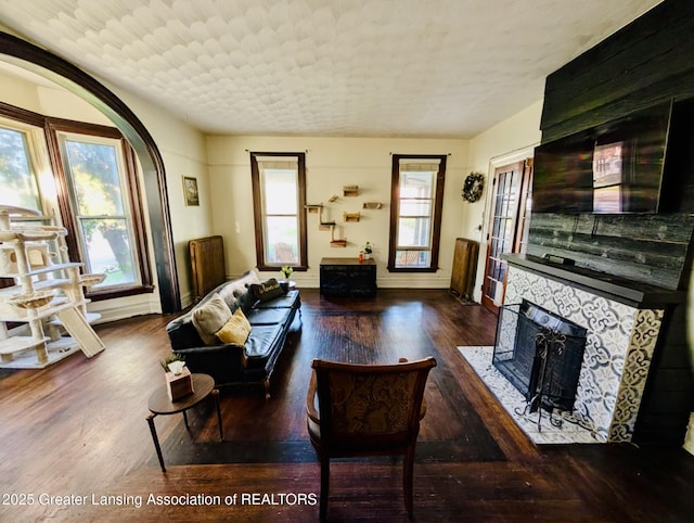 living area with arched walkways, baseboards, wood finished floors, and a fireplace