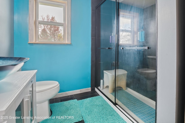 full bathroom featuring toilet, a shower stall, and a wealth of natural light