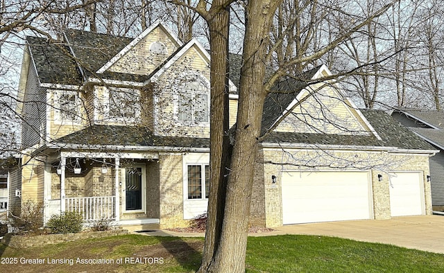 traditional-style home featuring concrete driveway, brick siding, an attached garage, and covered porch
