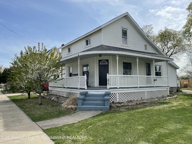 country-style home with a front lawn and covered porch