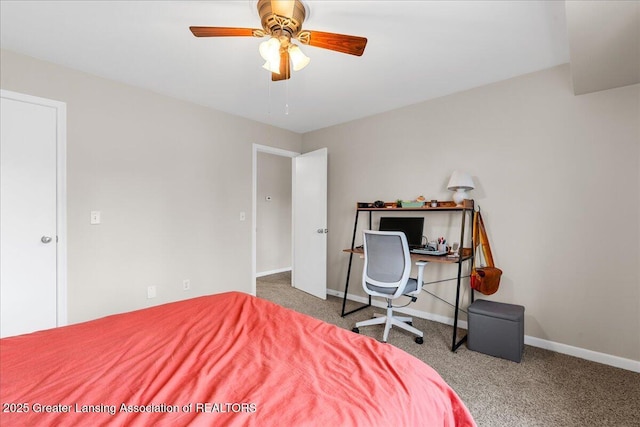 bedroom featuring carpet floors, a ceiling fan, and baseboards