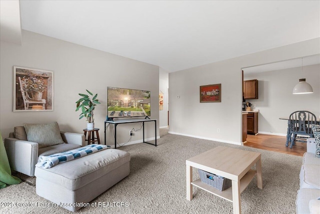 living room featuring baseboards and light carpet