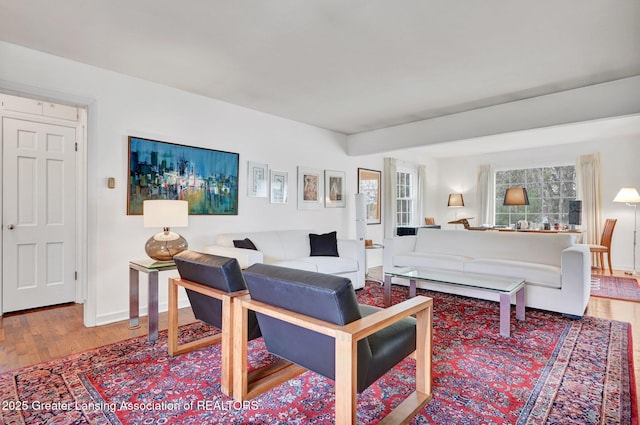 living area featuring baseboards and wood finished floors
