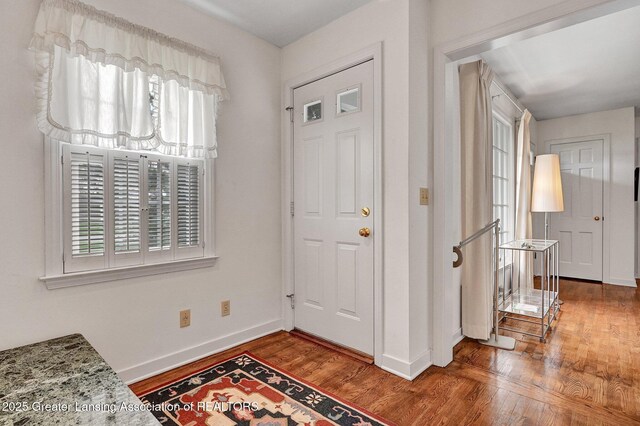 entryway with baseboards, wood finished floors, and a wealth of natural light