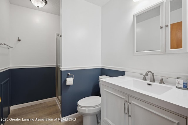 bathroom featuring vanity, a shower with shower door, toilet, and wood finished floors
