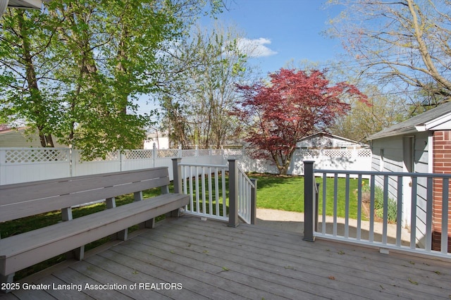 deck with a yard and a fenced backyard