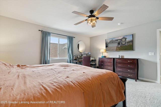 bedroom featuring carpet flooring, baseboards, and ceiling fan