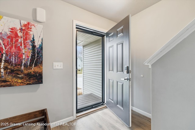 entryway with baseboards and wood finished floors