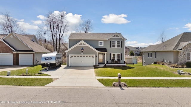 traditional-style home featuring covered porch, a garage, driveway, and a front lawn