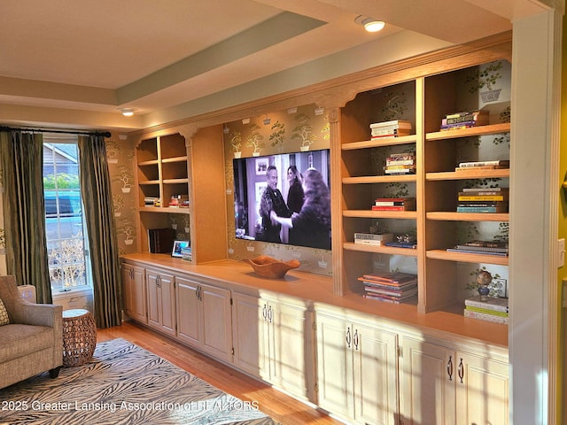 interior space featuring wallpapered walls and light wood-style flooring