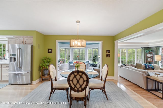 3641 Beech Tree Ln, Okemos, MI 48864 - dining room with light wood finished floors, baseboards, and a chandelier