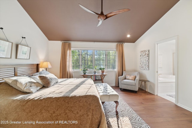 3641 Beech Tree Ln, Okemos, MI 48864 - bedroom featuring lofted ceiling, wood finished floors, ensuite bath, ceiling fan, and recessed lighting