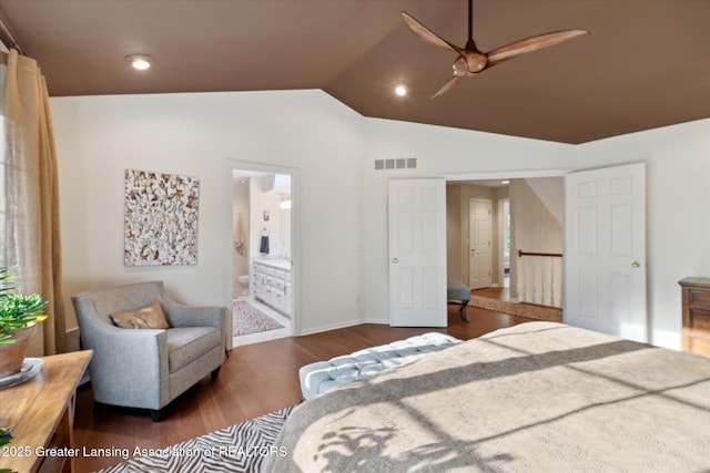 3641 Beech Tree Ln, Okemos, MI 48864 - bedroom featuring wood finished floors, lofted ceiling, ensuite bath, baseboards, and recessed lighting