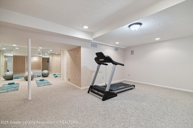 3641 Beech Tree Ln, Okemos, MI 48864 - workout room featuring carpet, a textured ceiling, and recessed lighting