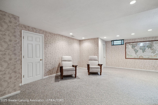 3641 Beech Tree Ln, Okemos, MI 48864 - sitting room with a textured ceiling, carpet, wallpapered walls, and recessed lighting