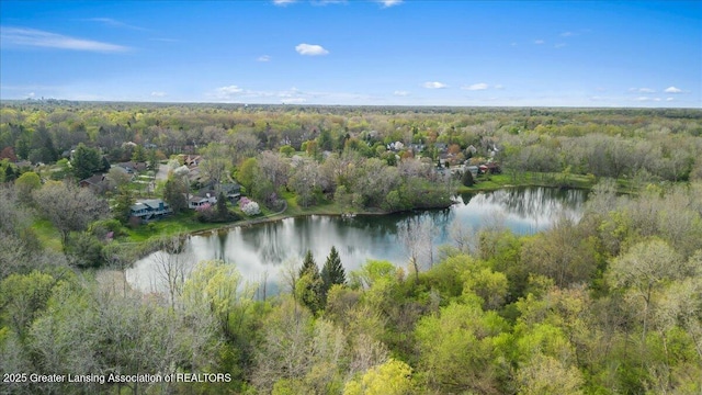 2454 Emerald Lake Dr, East Lansing, MI 48823 - drone / aerial view with a water view and a forest view