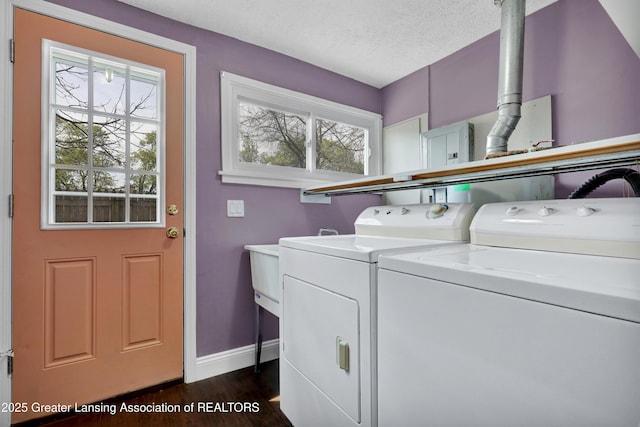 laundry area featuring washing machine and clothes dryer, laundry area, dark wood-style floors, and a healthy amount of sunlight
