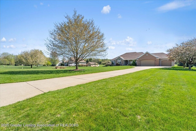 ranch-style house with concrete driveway, a front yard, and a garage