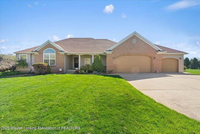 ranch-style house with an attached garage, a front yard, driveway, and brick siding
