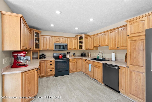 kitchen with electric range, a sink, light countertops, stainless steel microwave, and dishwashing machine