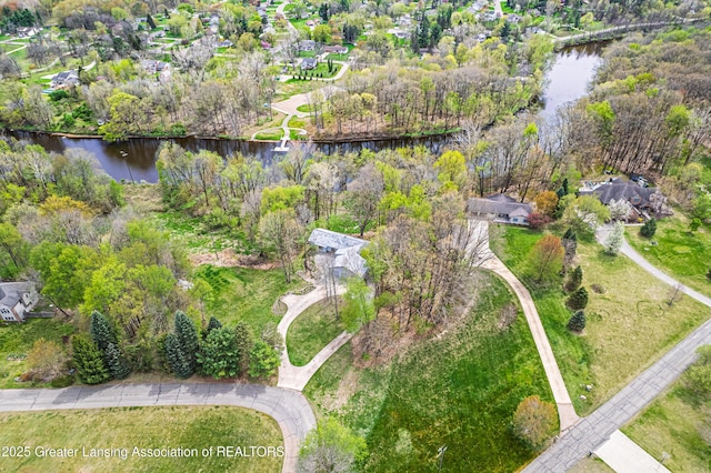 drone / aerial view featuring a water view