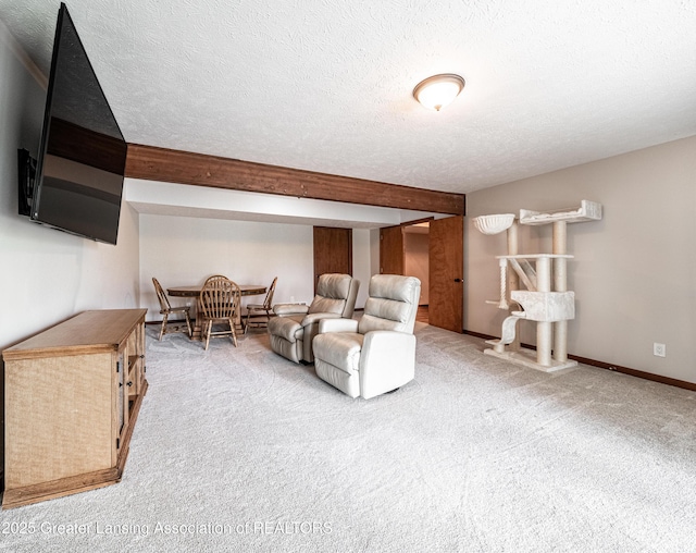 living area with carpet flooring, a textured ceiling, and baseboards
