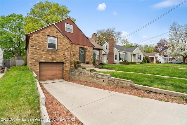 view of front of home featuring concrete driveway, brick siding, a front lawn, and a garage